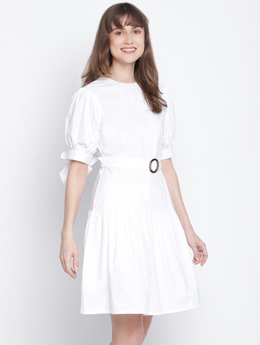 tie up sleeved solid belted dress - 18259597 - Zoom Image - 2