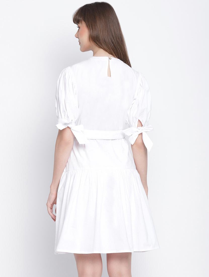 tie up sleeved solid belted dress - 18259597 - Zoom Image - 3