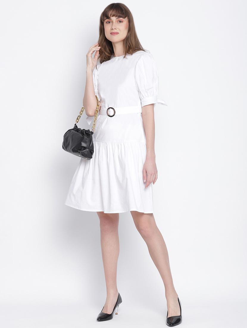 tie up sleeved solid belted dress - 18259597 - Zoom Image - 4