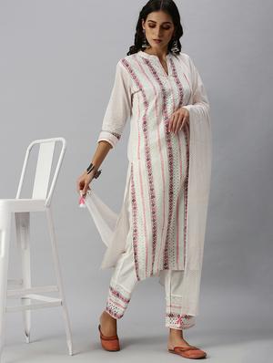 white cotton blend kurta pant set - 18260950 - Standard Image - 4