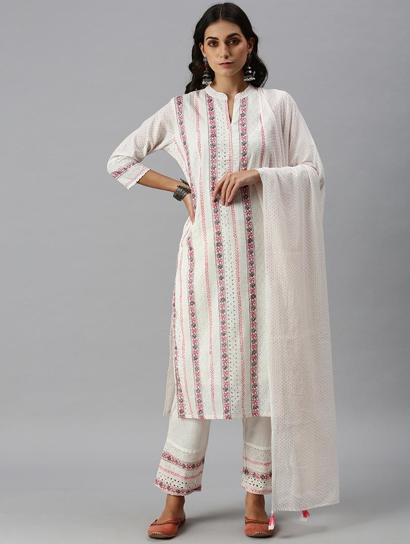 white cotton blend kurta pant set - 18260950 - Zoom Image - 1