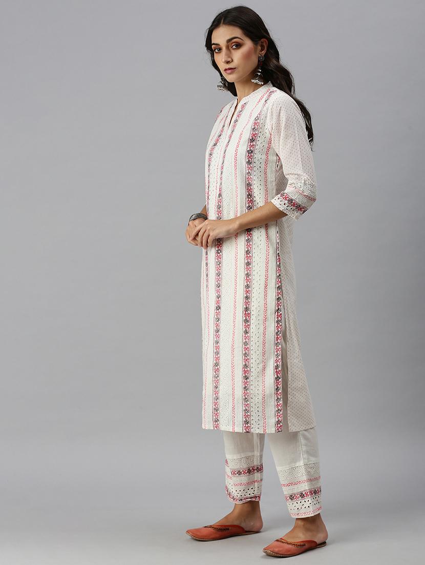 white cotton blend kurta pant set - 18260950 - Zoom Image - 2