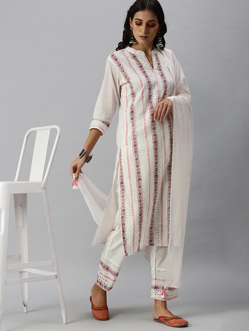 white cotton blend kurta pant set - 18260950 - Zoom Image - 4