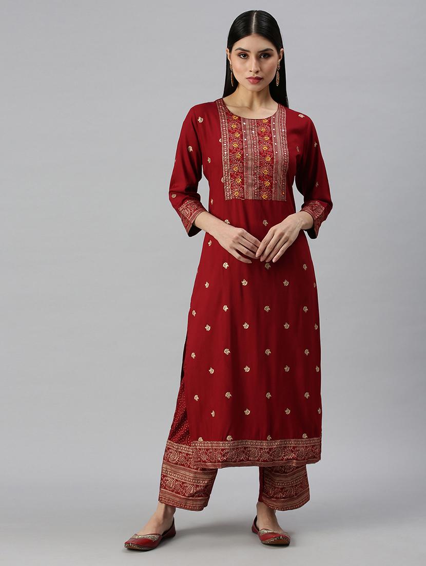 brown cotton blend kurta palazzo set - 18260951 - Zoom Image - 1
