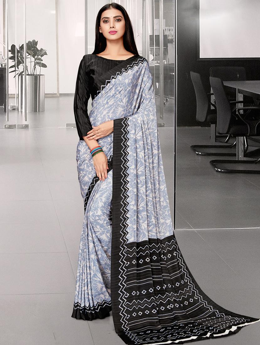 white satin printed saree with blouse - 18268729 - Zoom Image - 1