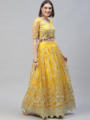 yellow net flared lehenga - 18272754 - Standard Image - 2
