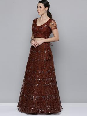 brown net aline lehenga - 18272786 - Standard Image - 2