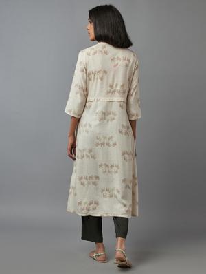 beige printed a-line kurta - 18277855 - Standard Image - 3