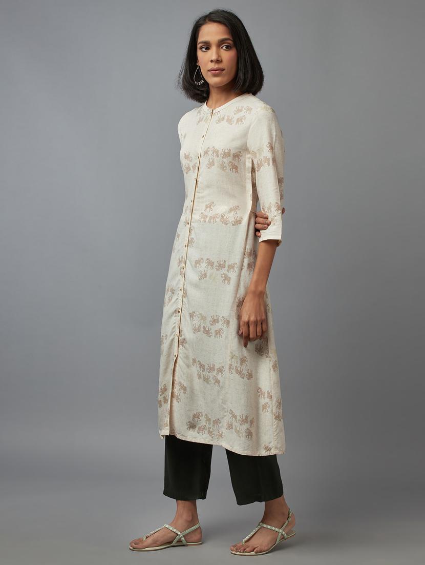beige printed a-line kurta - 18277855 - Zoom Image - 2