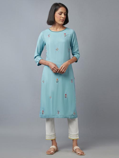 blue solid straight kurta - 18277874 - Standard Image - 1