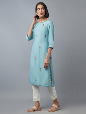 blue solid straight kurta - 18277874 - Standard Image - 2