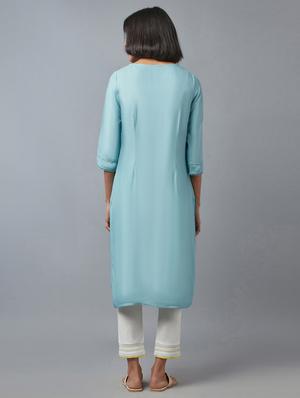 blue solid straight kurta - 18277874 - Standard Image - 3