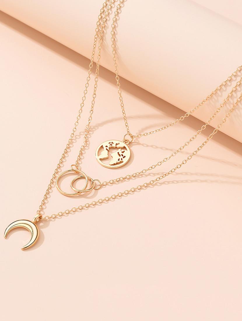 stunning gold plated triple layered half moon and world earth pendant necklace - 18281071 - Zoom Image - 1