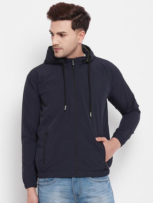 navy blue solid hooded casual jacket - 18281268 -  Standard Image - 0