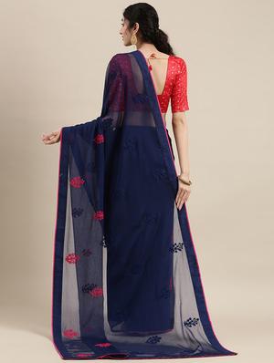 navy chiffon embroidered saree with blouse - 18283876 - Standard Image - 2