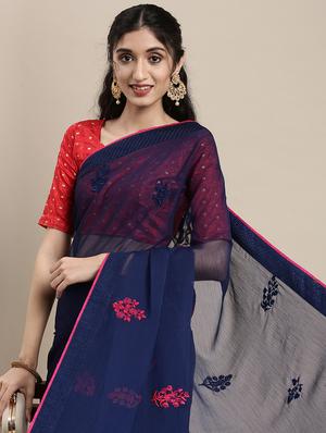 navy chiffon embroidered saree with blouse - 18283876 - Standard Image - 4