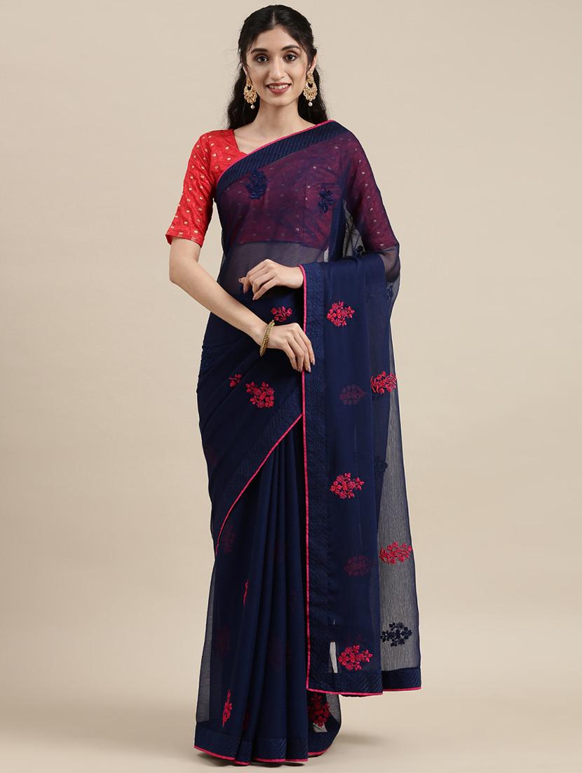 navy chiffon embroidered saree with blouse - 18283876 - Zoom Image - 1