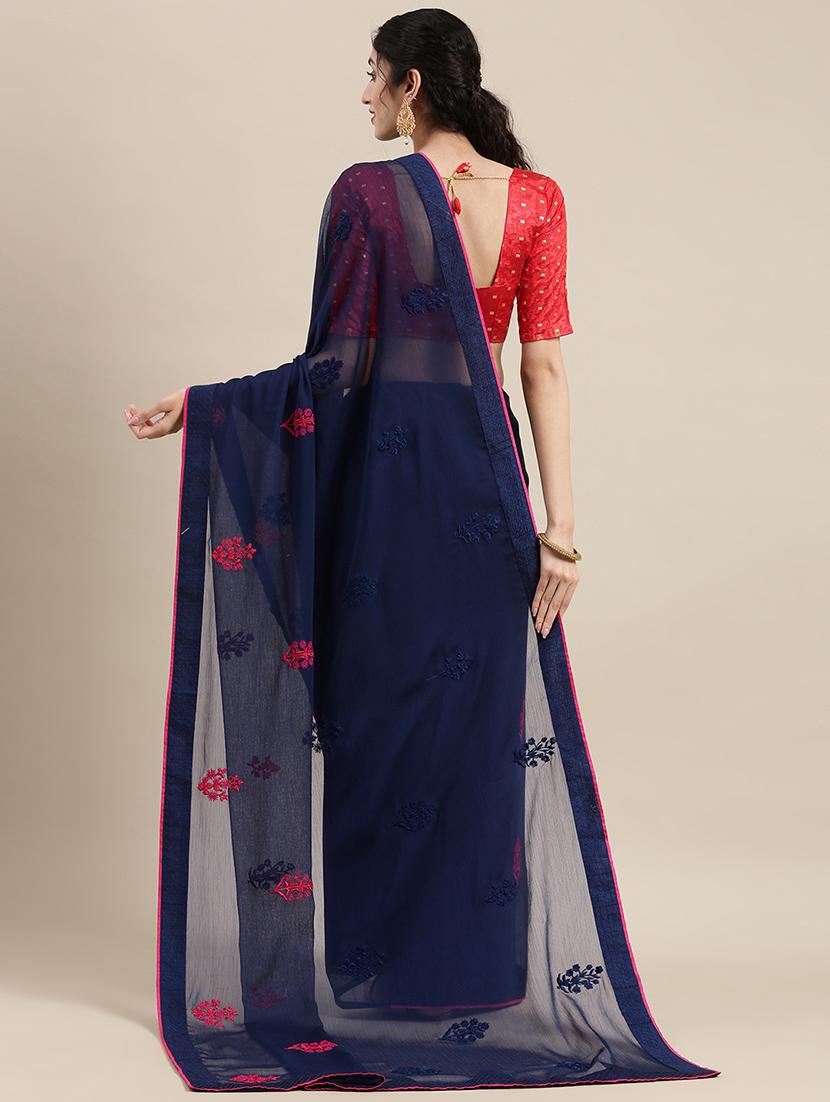 navy chiffon embroidered saree with blouse - 18283876 - Zoom Image - 2
