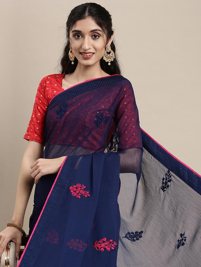 navy chiffon embroidered saree with blouse - 18283876 - Zoom Image - 4