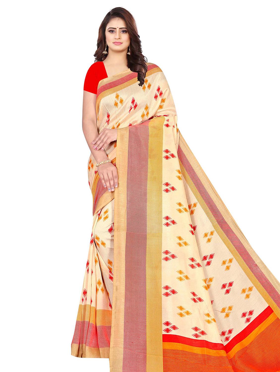 white cotton printed saree with blouse - 18283906 - Zoom Image - 1