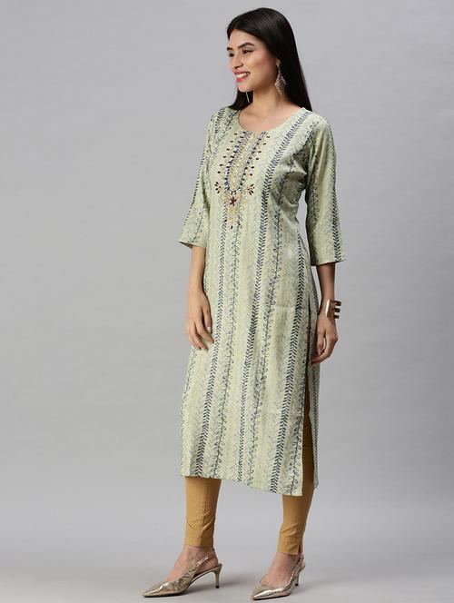 green cotton blend straight kurta - 18284980 - Standard Image - 1