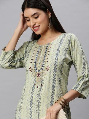 green cotton blend straight kurta - 18284980 - Standard Image - 5