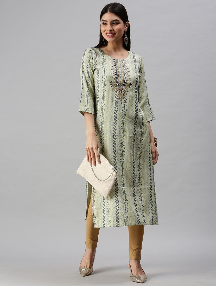 green cotton blend straight kurta - 18284980 - Zoom Image - 2