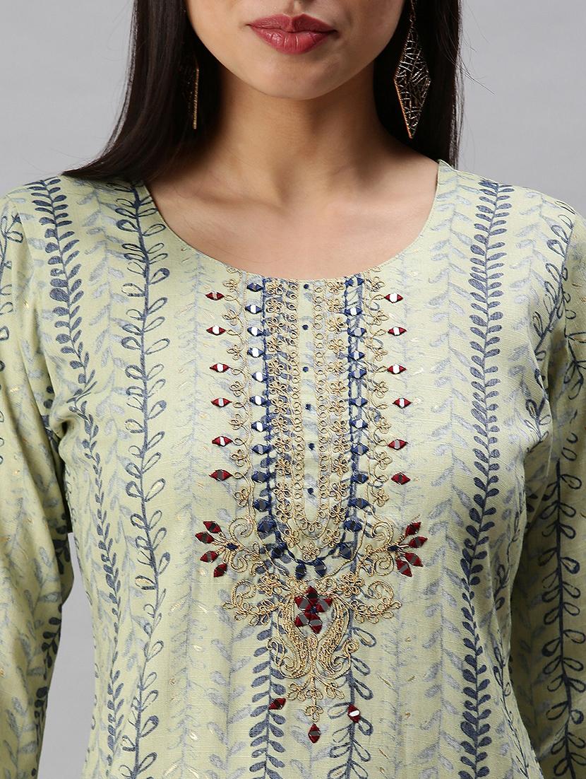 green cotton blend straight kurta - 18284980 - Zoom Image - 4