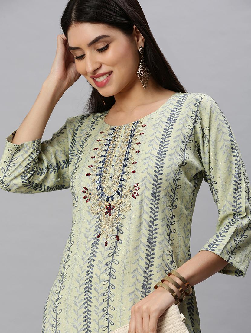 green cotton blend straight kurta - 18284980 - Zoom Image - 5
