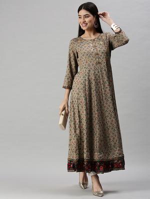 brown printed anarkali kurta - 18284997 - Standard Image - 3
