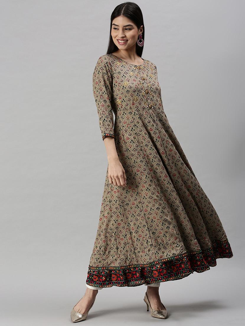 brown printed anarkali kurta - 18284997 - Zoom Image - 1