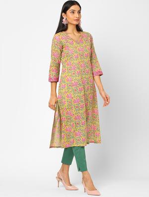yellow printed a-line kurta - 18285370 - Standard Image - 2
