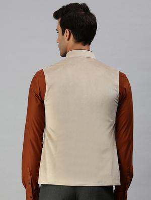 beige solid nehru jacket - 18285458 - Standard Image - 3