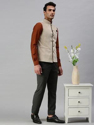 beige solid nehru jacket - 18285458 - Standard Image - 4