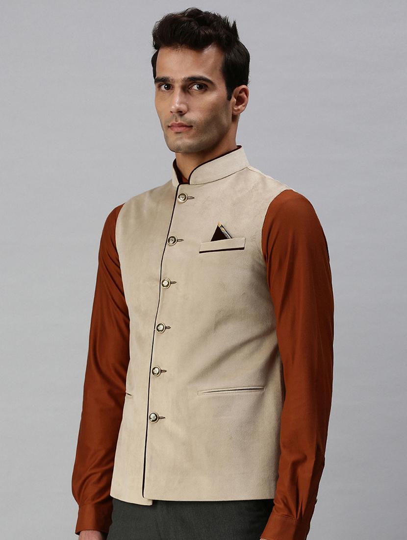 beige solid nehru jacket - 18285458 - Zoom Image - 2