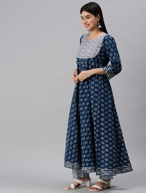 blue cotton blend kurta dupatta set - 18285560 - Standard Image - 1