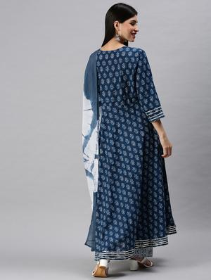 blue cotton blend kurta dupatta set - 18285560 - Standard Image - 2