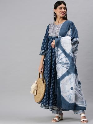 blue cotton blend kurta dupatta set - 18285560 - Standard Image - 3