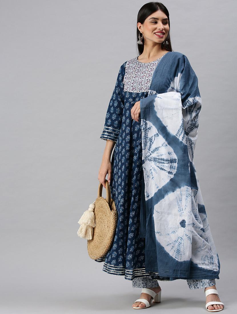blue cotton blend kurta dupatta set - 18285560 - Zoom Image - 3