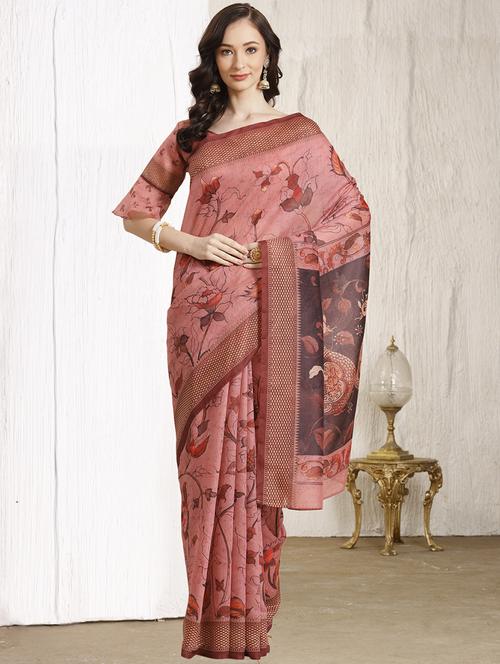 pink chanderi printed saree with blouse - 18287497 - Standard Image - 1
