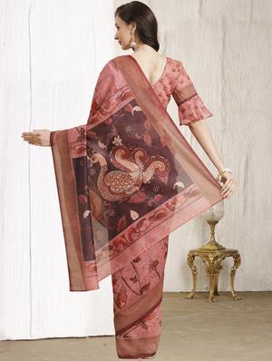 pink chanderi printed saree with blouse - 18287497 - Standard Image - 2