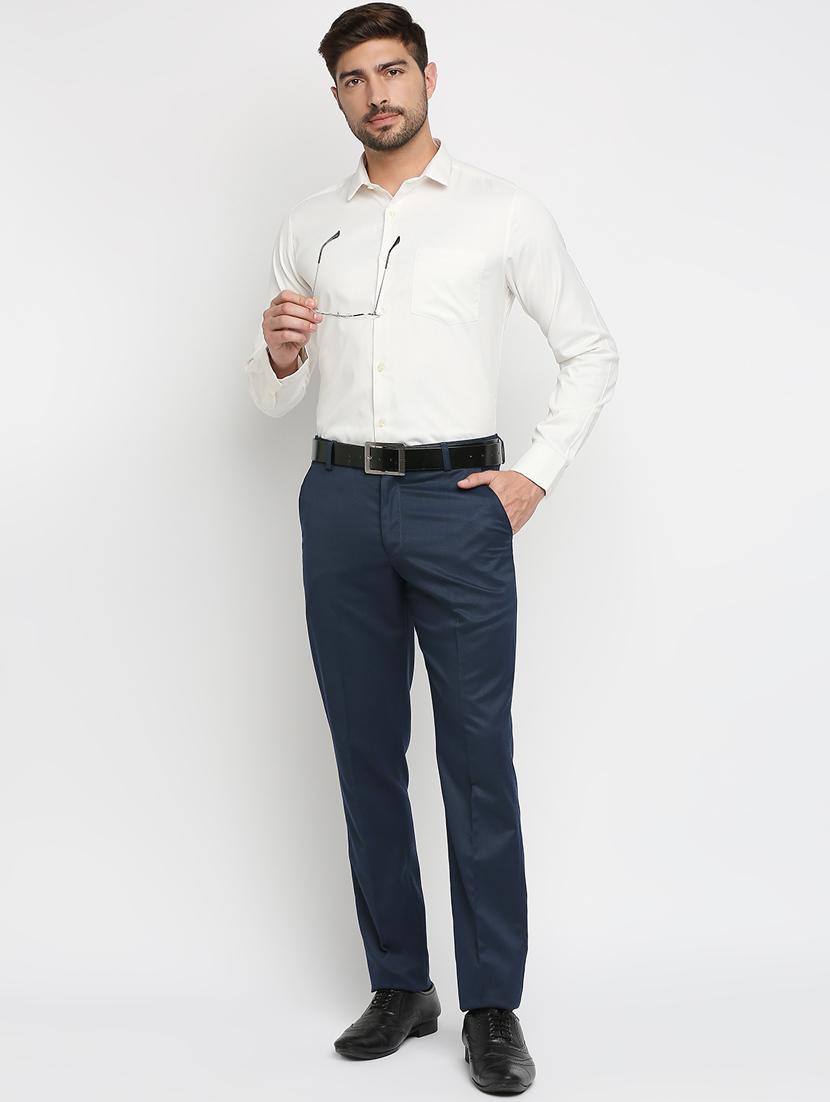 blue solid flat front trousers formal trouser - 18287626 - Zoom Image - 4