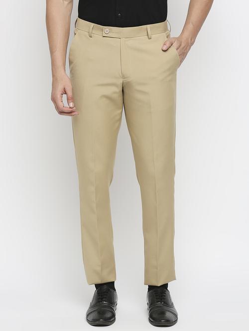 beige solid flat front trousers formal trouser - 18287631 - Standard Image - 1