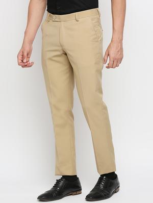 beige solid flat front trousers formal trouser - 18287631 - Standard Image - 2