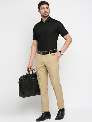 beige solid flat front trousers formal trouser - 18287631 - Standard Image - 4