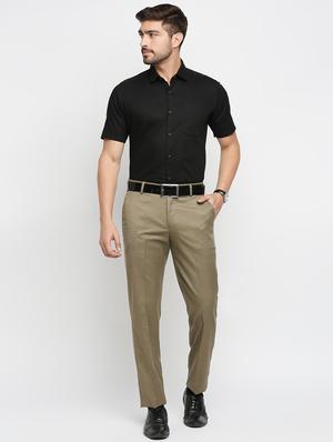 beige solid flat front trousers formal trouser - 18287641 - Standard Image - 4