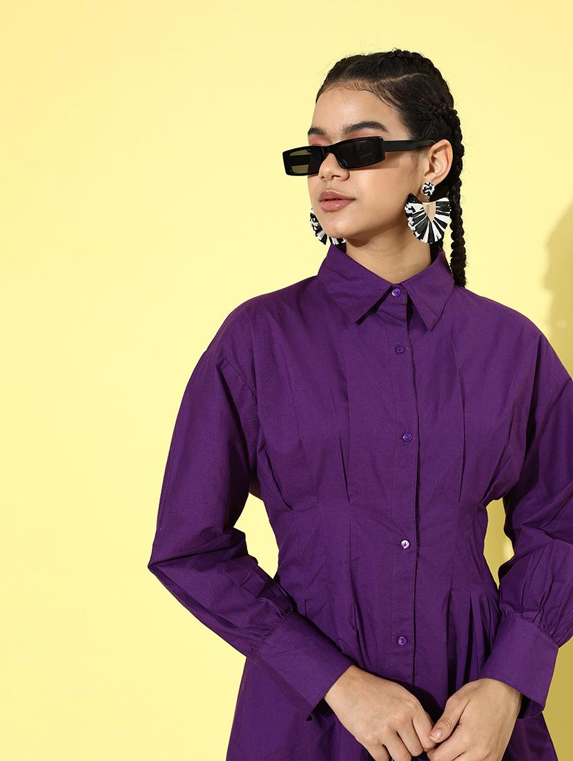 bishop sleeved solid shirt dress - 18290183 - Zoom Image - 3