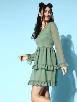bell sleeved solid a-line dress - 18290293 - Standard Image - 2