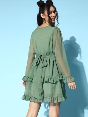 bell sleeved solid a-line dress - 18290293 - Standard Image - 3