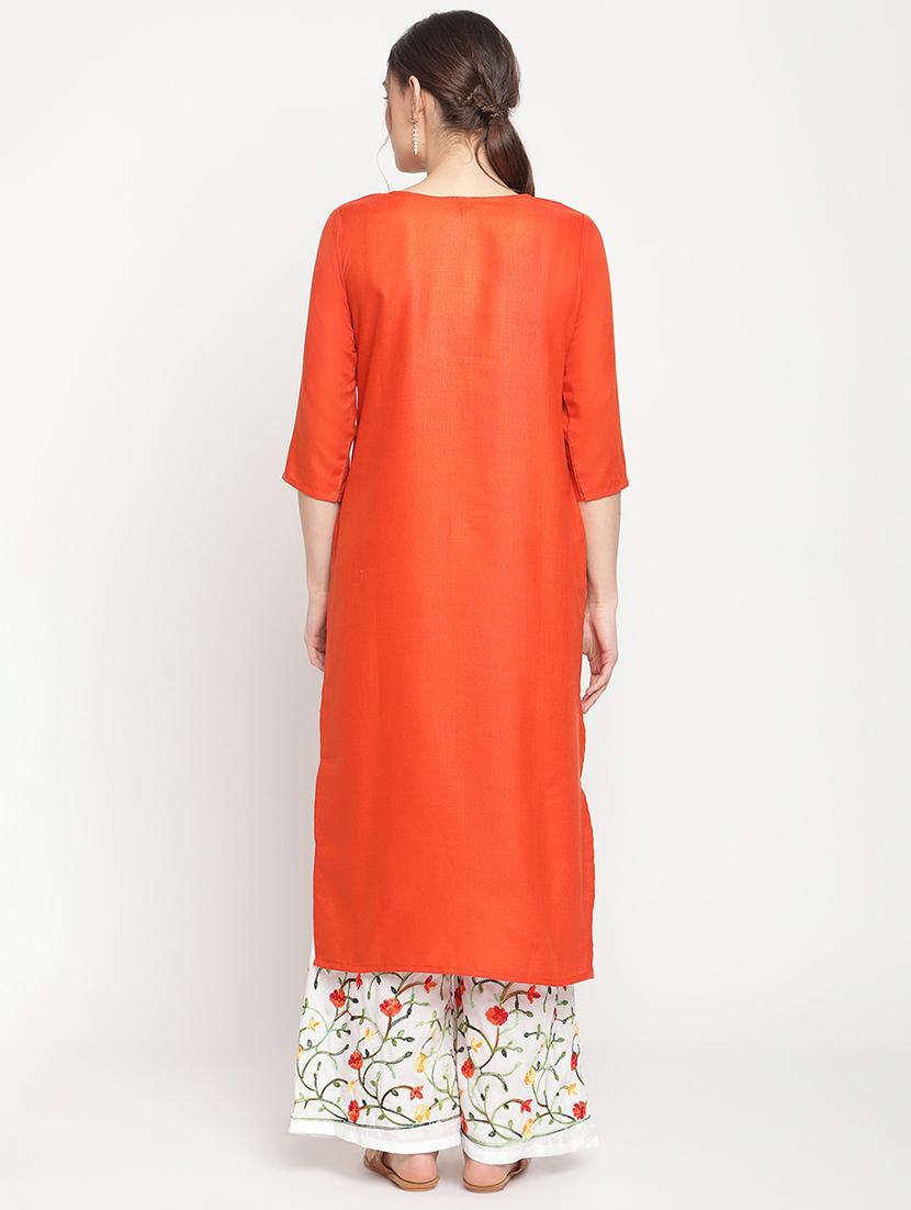 orange rayon kurta palazzo set - 18291466 - Zoom Image - 3